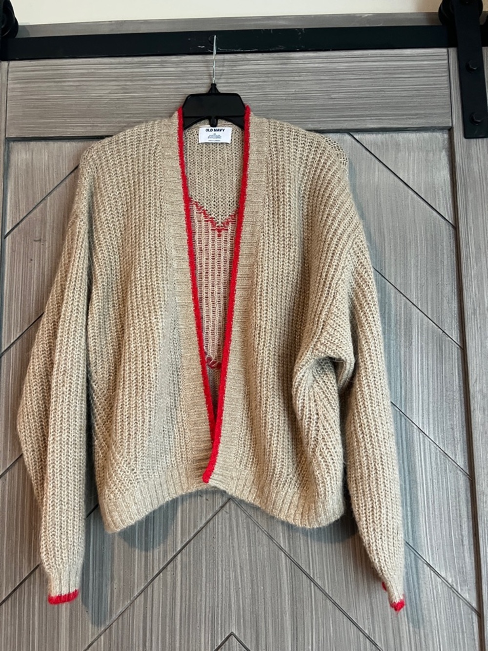 Old Navy Beige Open-Front Cardigan with Red Trim